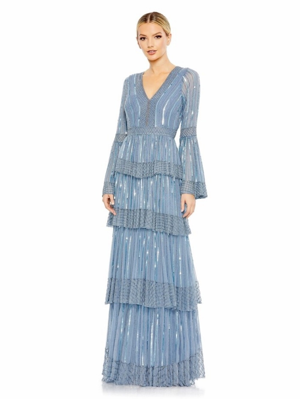 Mac Duggal Blue Sequined Tiered V-Neck Maxi Dress Gown Long Sleeve Bell Hijab